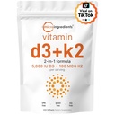 Mikro Malzemeler D3 5.000 IU + K2 MK-7 100 mcg, 300 Softgels | 2in-1s D & K Kompleks | Ekstra Kuvvet, Swallow, Non-GMO, Gluten Free 100 mcg, 300 Softgels | 2in-1s D & K Complex | Ekstra Kuvvet, Easy to Swallow, Non-GMO, Gluten Free