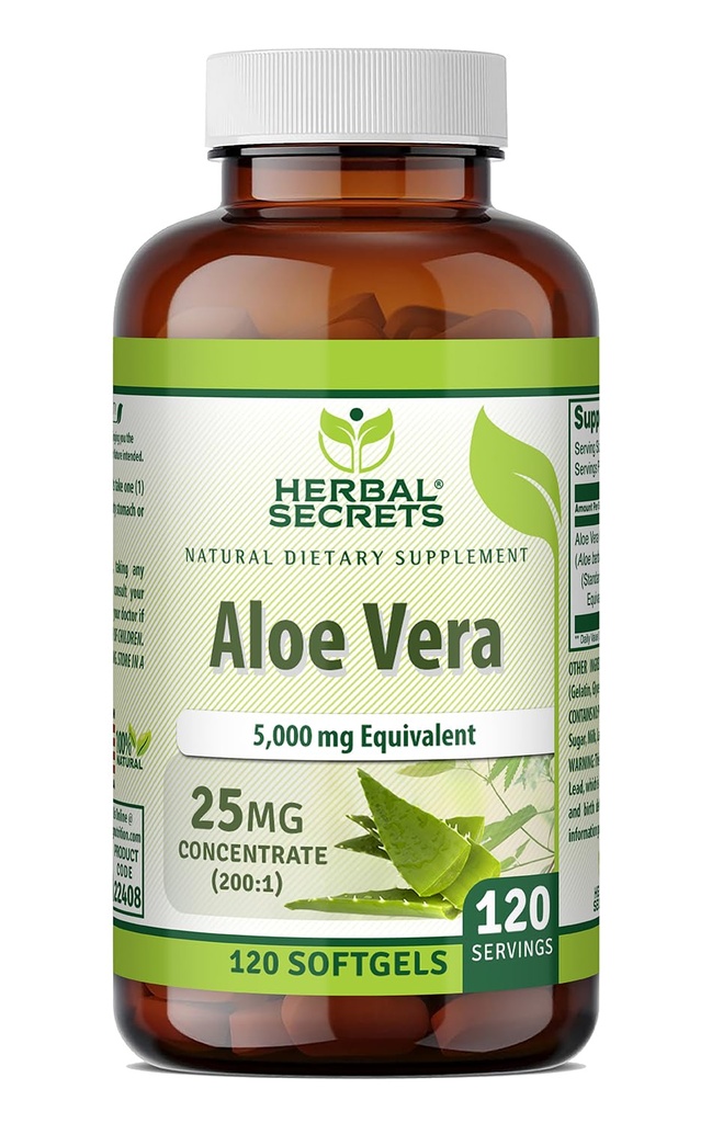 Herbal Sırları Aloe Vera 25 Mg Yoğun 200:1 | 5000 Mg Eşdeğer | 120 Softgels | Non-GMO | Gluten-Free | Made in USA