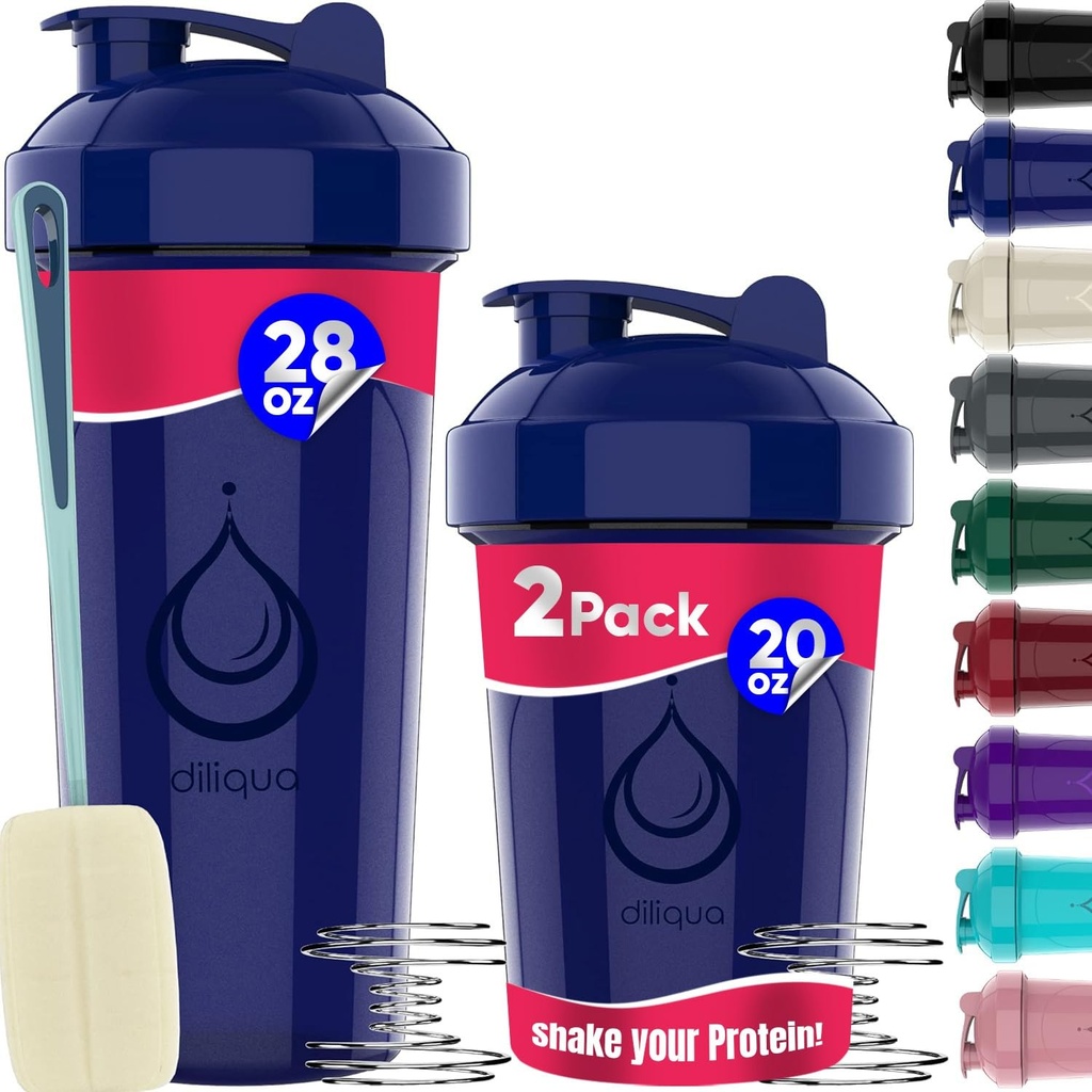 diliqua 2 PACK, 28 oz & 20 oz Shaker Bottles with Powerful Wire Whisks for Protein Mixes | Leakproof Blender Shaker Bottle Pack | BPA-Free & Dishwasher Safe | Shaker Bottle | Shaker Cups for shakes