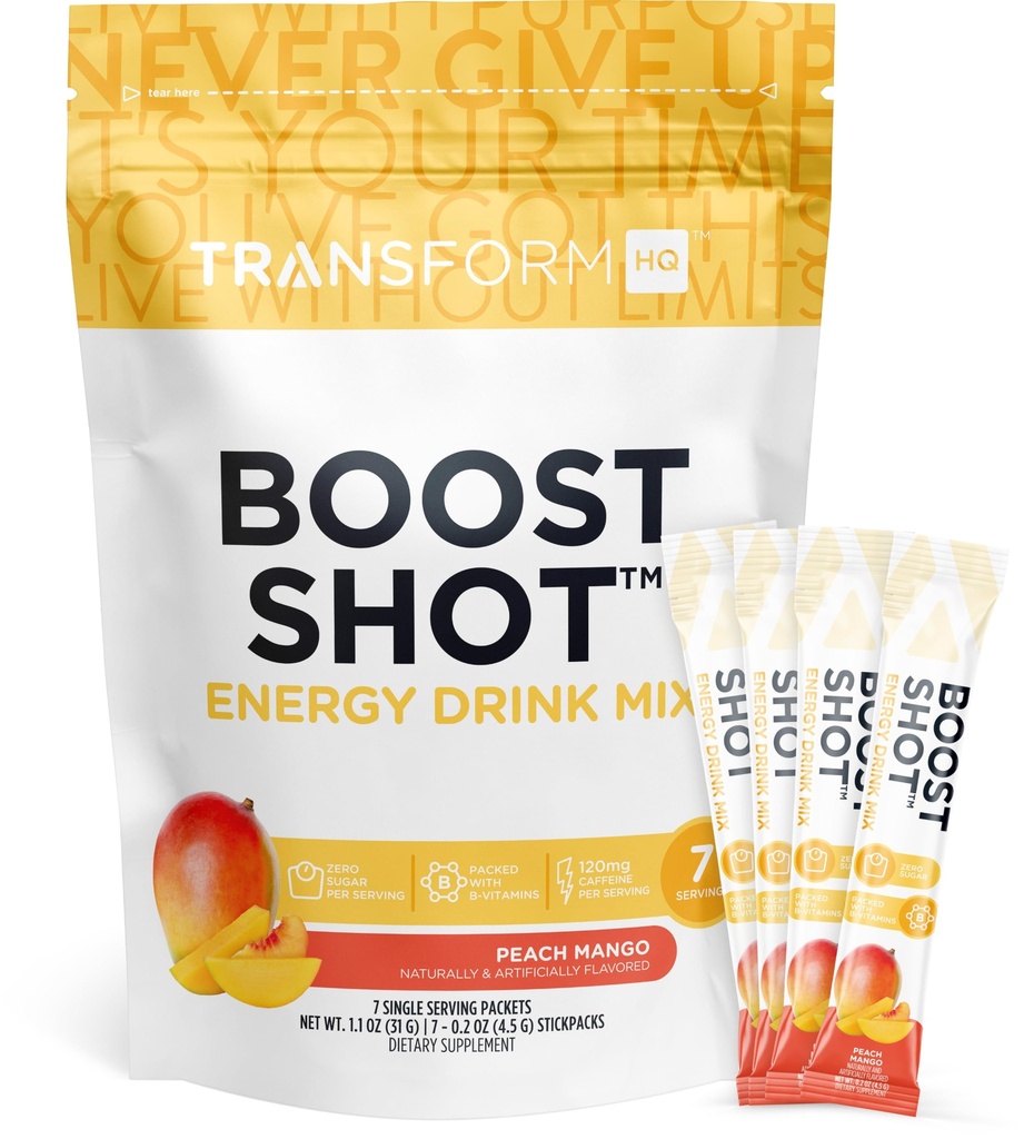 TransformHQ Boost Shot Powder Drink Stick Packets (Peach Mango) 7 Pack | Energy Supplements for Women & Men, with Caffeine, Vitamin B12, B9, B6 & B3