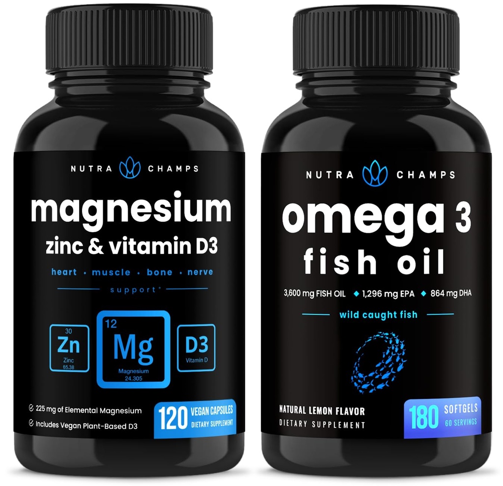 NutraChamps Magnezyum çinko & Vitamin D3 Capsules ve Omega 3 Fish Oil Capsules 2 Pack Sche