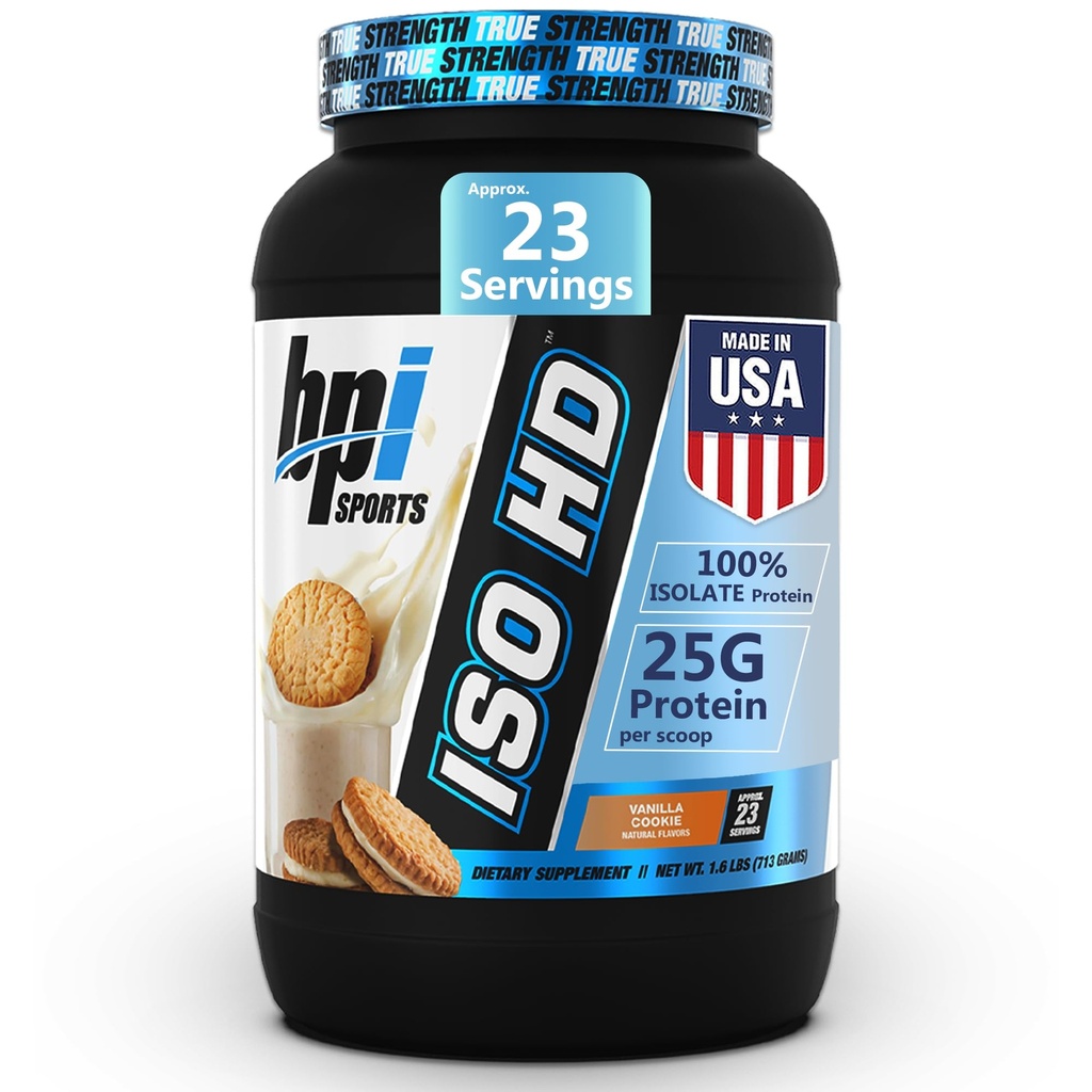 BPI Sports ISO HD Isolate Protein Powder – 100% Whey Isolate, Protein Powder for Muscle Gain - Vanilla Cookie - 1.6 Lb - 23 Servings