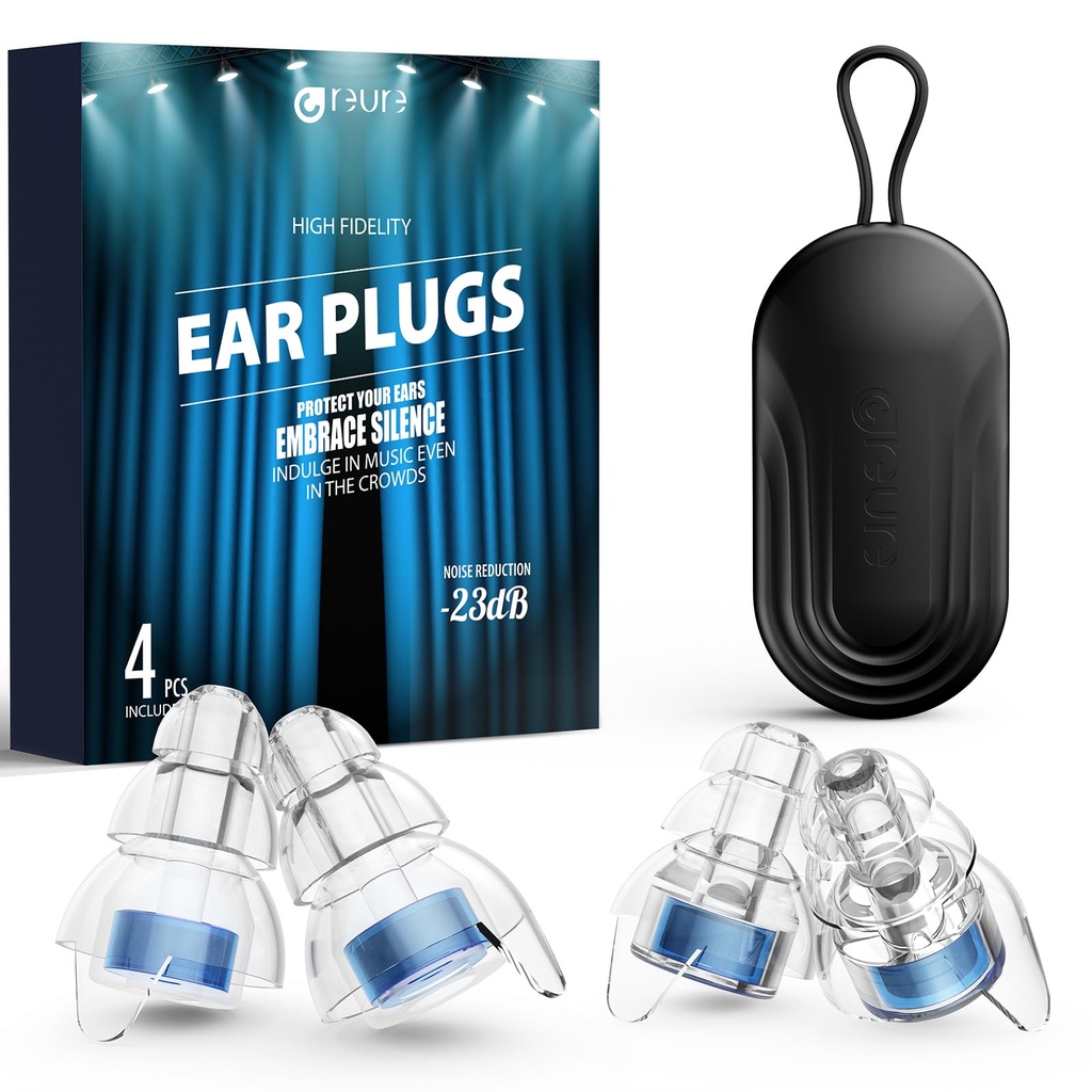 Reure High Fidelity Concert Ear Plugs, Noise Cancelling Silicone Ear Plugs 2 Pairs Great for Concerts Loud Music, Musicians, Motorcycles, Airplanes, Raves, Hearing Protection -23 dB