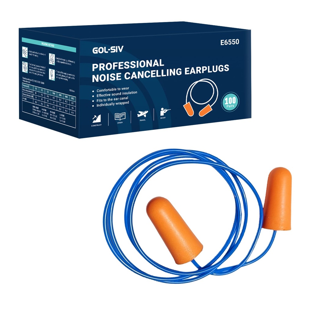 NRR 33dB Foam Ear Plugs with Cord,100 Pairs/Box，for Sleeping | Ultra-soft PU foam, fit ear canals, individually wrapped,earplugs for Construction , traveling, studying. shooting ranges