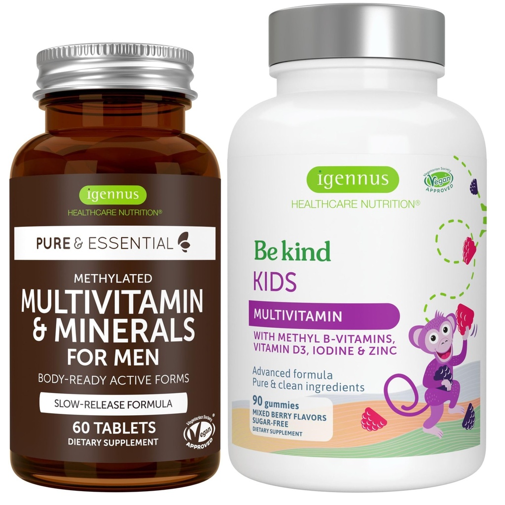 Erkekler için Multivitamin & Mineraller + Gelişmiş Çocuklar Multivitamin Gummy Vegan Hoffman, Me-Vitamins, Vitamin A, C, D3 & E, Clean Label, 60 Tabletler + 90 Berry Flavor Gummies, Igennus