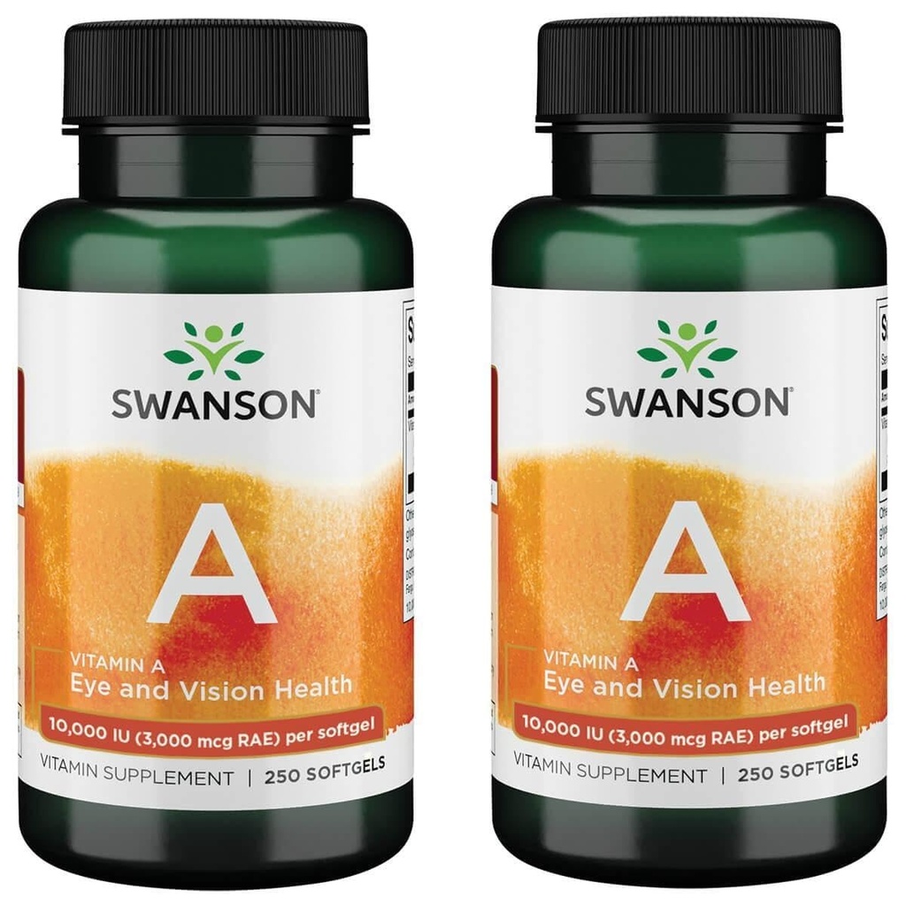 Swanson Vitamini 10.000 IU (3,000 mcg RAE) Bone, Skin Health, Vision Support & Immune System Function - High Abxia Vitamin A 250 Softgels (2 Pack)