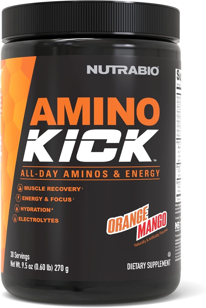 NutraBio Este Kick – BCAA Toz Doğal Caffeine – Enerji, Hydration & Recovery – BCAAs, Electrolytes & Amino Asits – Orange Mango, 30 Hizmet