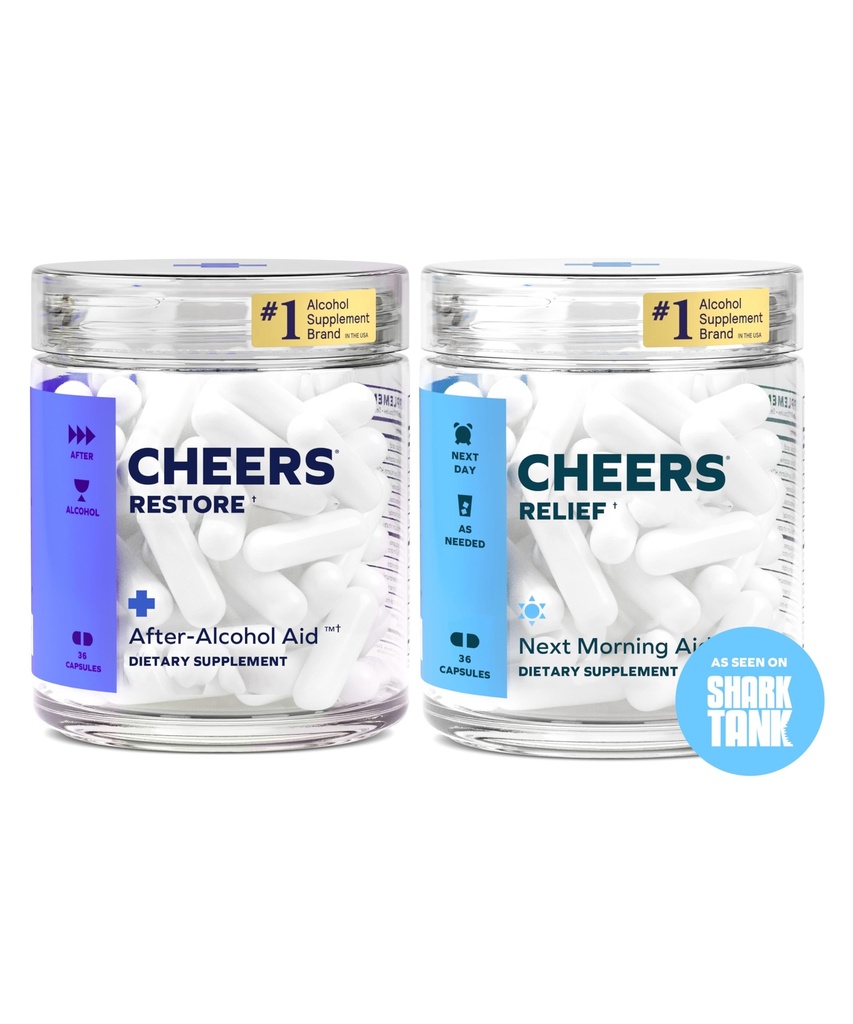 Cheers R&R Combo | Rest + Relief | Feel Better After Drink & Support Your Liver | DHM, L-Cysteine, Milk Thistle, Ginger, White Willow Bark, Caffeine, L-Theanine | 12 Doses Her | Tamamlar