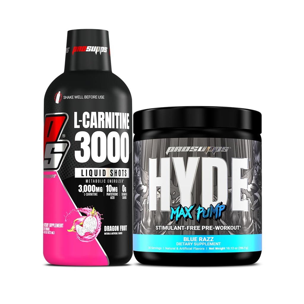 PROSUPPS L-Carnitine 3000 Stimulant Ücretsiz Sıvı Shots (31 Hizmet, Ejderha Meyvesi) ve Hyde Max Pump Pre Workout for Men and Women (20 hizmet, Blue Razz) Schez
