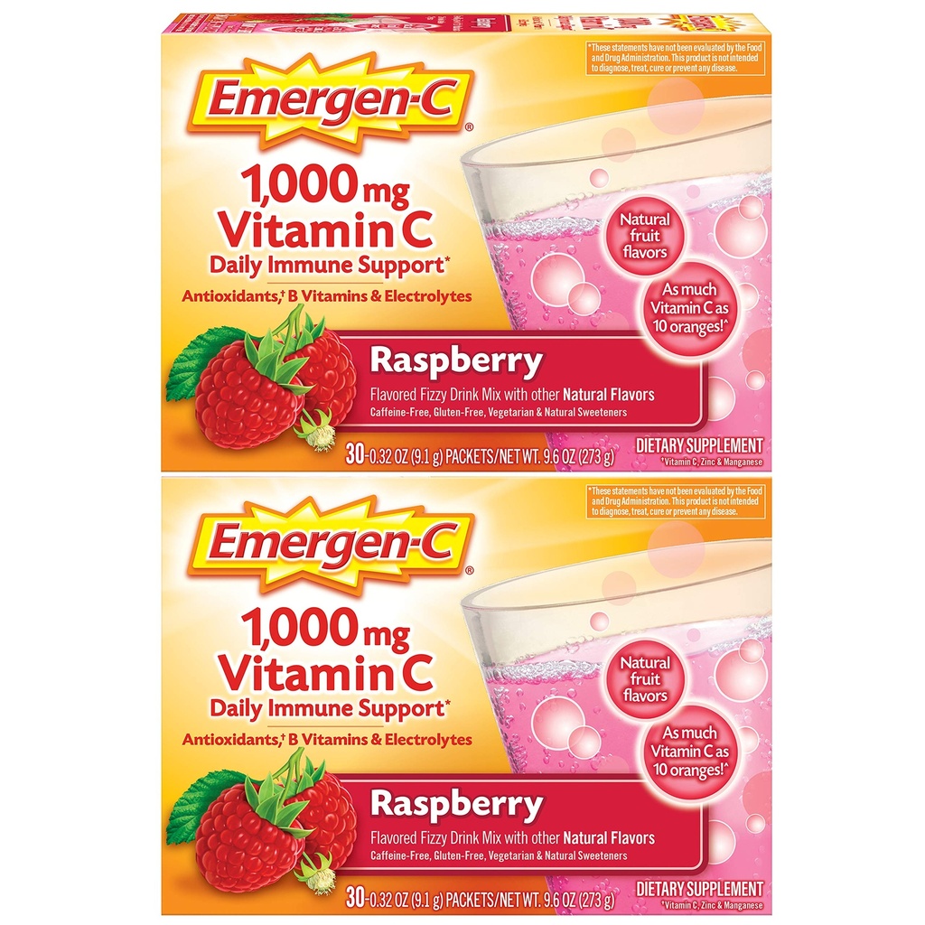 Emergen-C 1000 Vitamin mg C Toz, Antioksis, B Vitaminleri ve Elektrolytes, Immune Support için C Supplements, Caffeine Free Drink Mix, Raspberry Flavor - 60 Count/2 Moon Supply