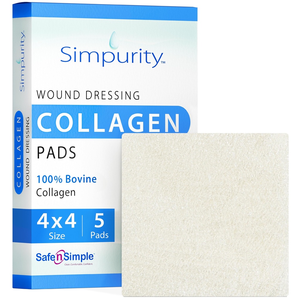 Collagen Pads for Wounds - 4" x 4" - 5 Count, Bovine Collagen Wound Dressing Pads, Non-Adherent Collagen Dressing for Wound Care, Chronic and Acute Wounds, Safe n' Simple Wound Care Supplies