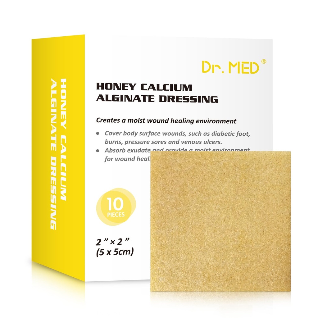 Dr. Med Manuka Honey Calcium Alginate Dressing 2"x2" (10 PCS/Box), Highly Absorbent dressings with Honey for Abrasions, Burns, Diabetic Foot, Pressure Sores and Venous Ulcers Faster Wound Care