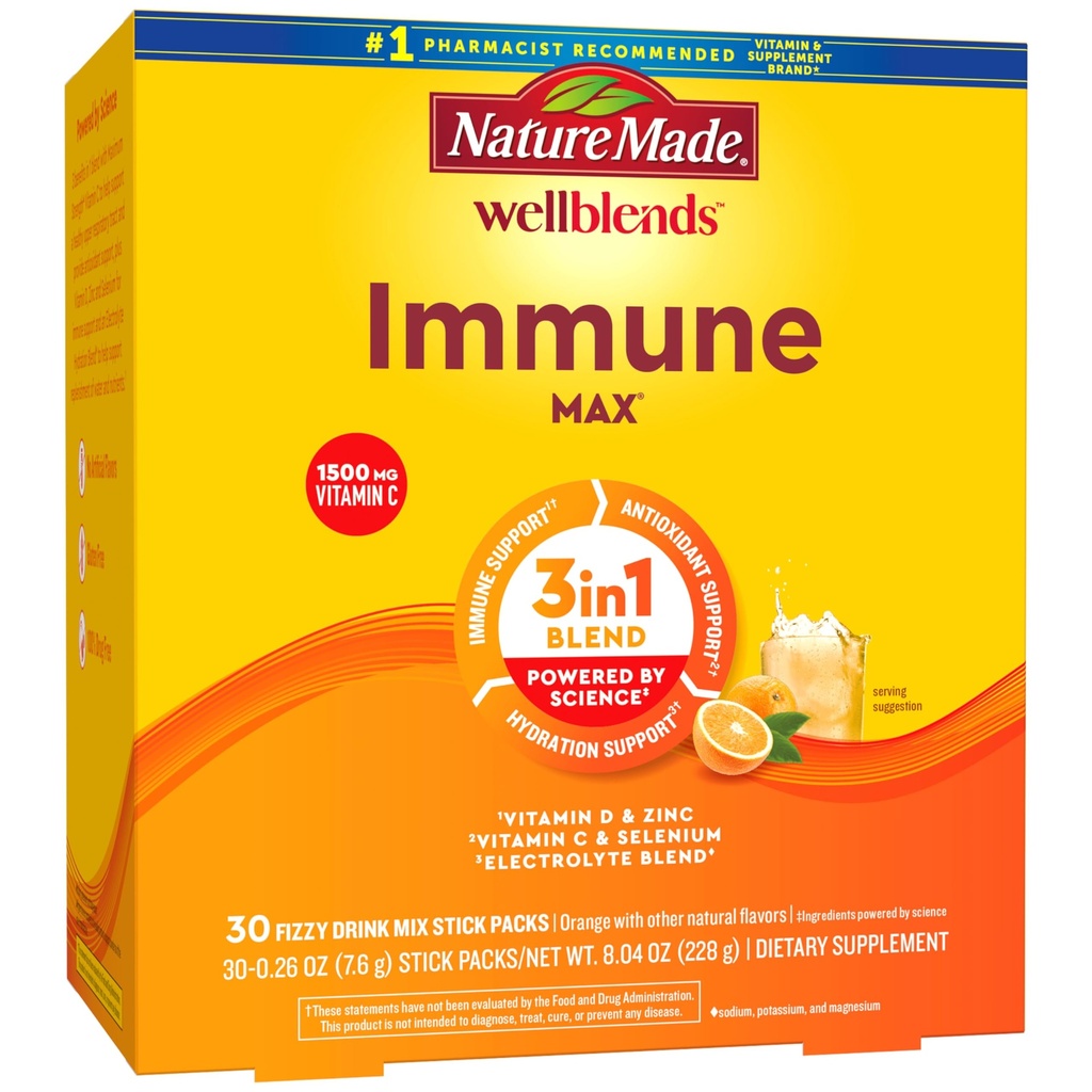 Doğa Made Wellblends ImmuneMAX Fizzy İçecek Mix, C 1500 mg, çinko 15 mg, D3 1000 IU (25 mcg), artı B Vitaminleri ve Elektrolytes Hydration Mix, 30 Stick Packs