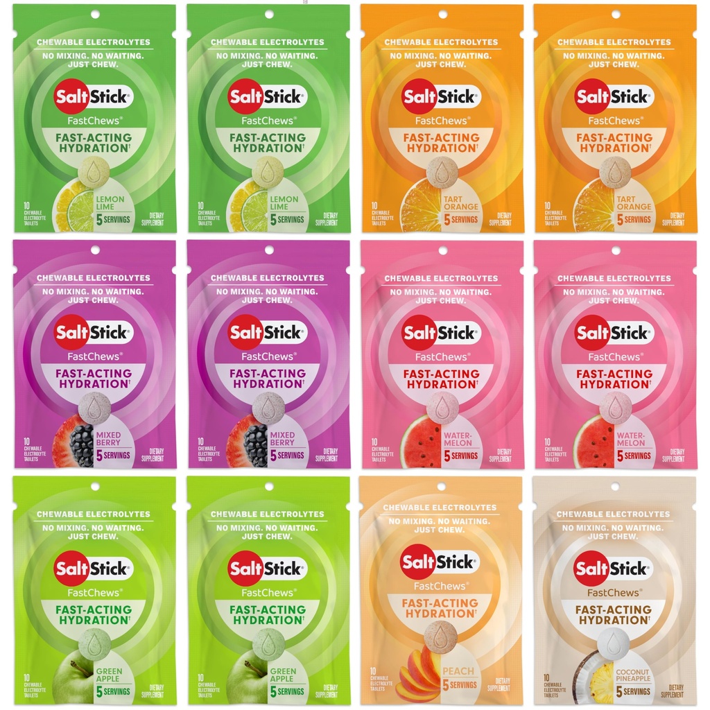 SaltStick Electrolyte FastChews - 120 Count Variety Pack - Chewable Electrolyte Tablets for Hydration, Salt Tabs - 10 Count (Pack of 12)