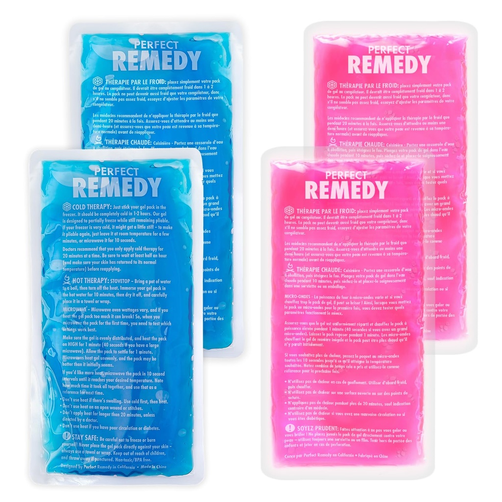 Perfect Remedy Rectangle Gel Ice Pack Bundle, Hot & Cold Ice Packs for Injuries Reusable for Body Tension & Muscle Pain Relief, Soft, Flexible & Adapts to Any Area (Blue, Reg 2PK + Pink, Reg 2PK)