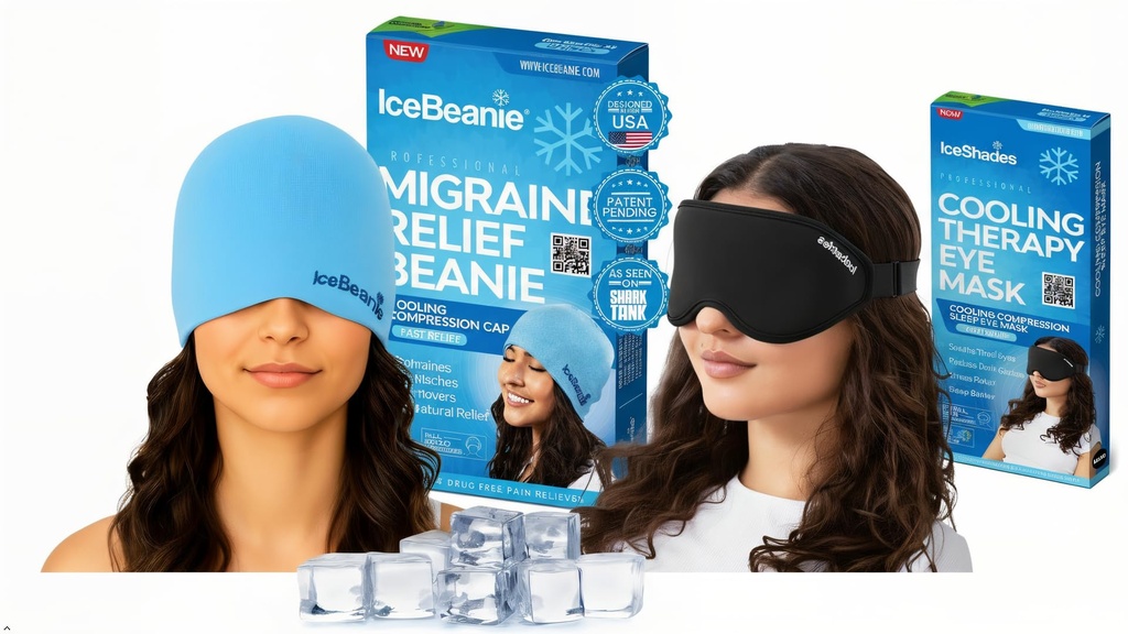 IceBeanie Migraine Relief Cap + IceShades Cooling Gel Eye Mask Blue + Black Bundle – Headache, Migraine & Tension Relief, Hangover Recovery, Reusable Cold Gel Pack for Head & Eyes