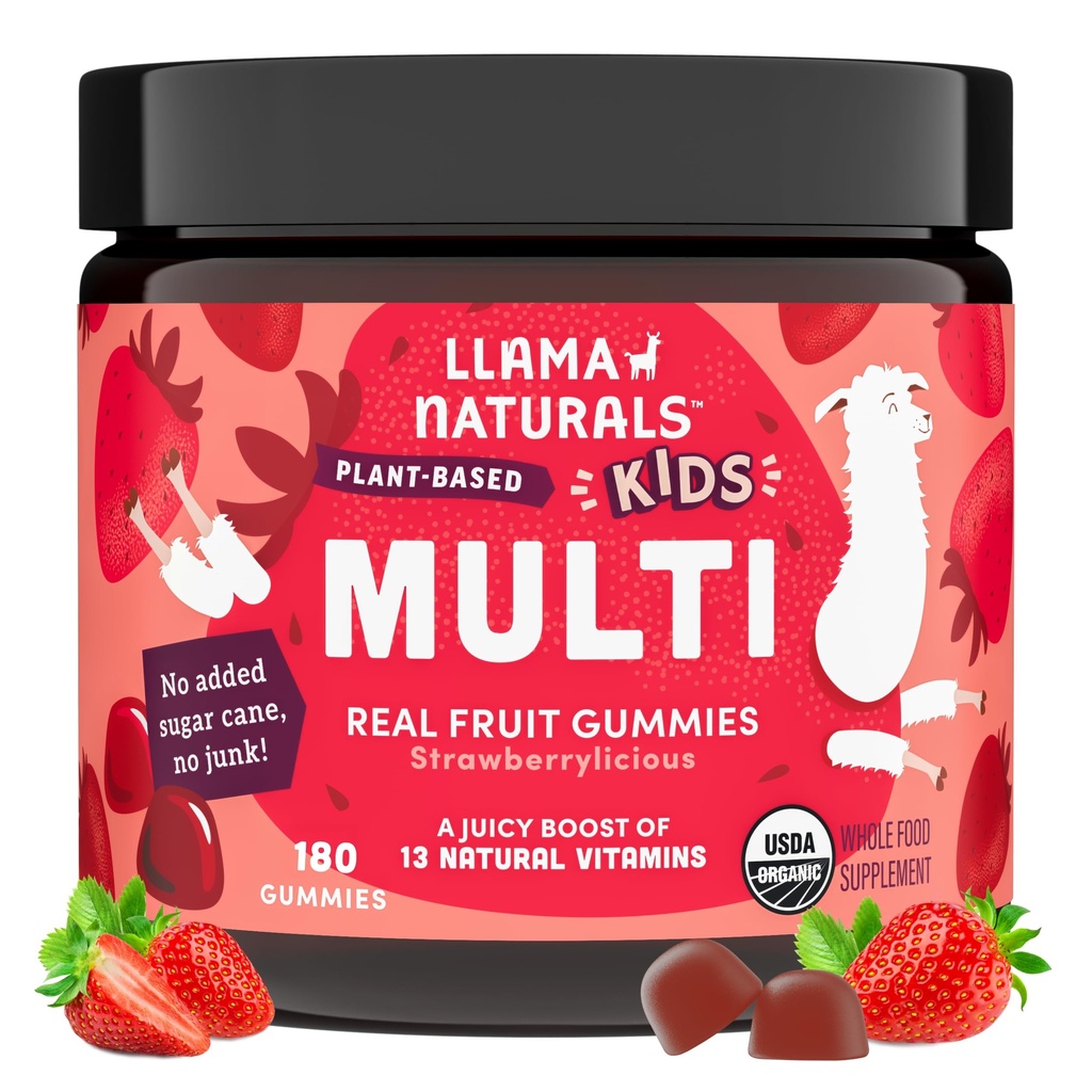 Llama Naturals Kids Multivitamin Gummies | Real Fruit, No Added Sugar Cane | Organic Vegan Toddler Whole Food Vitamins | Vitamin D, C & Beta Carotene Gummy Supplement | Strawberry 180 Ct (2-3 Months)