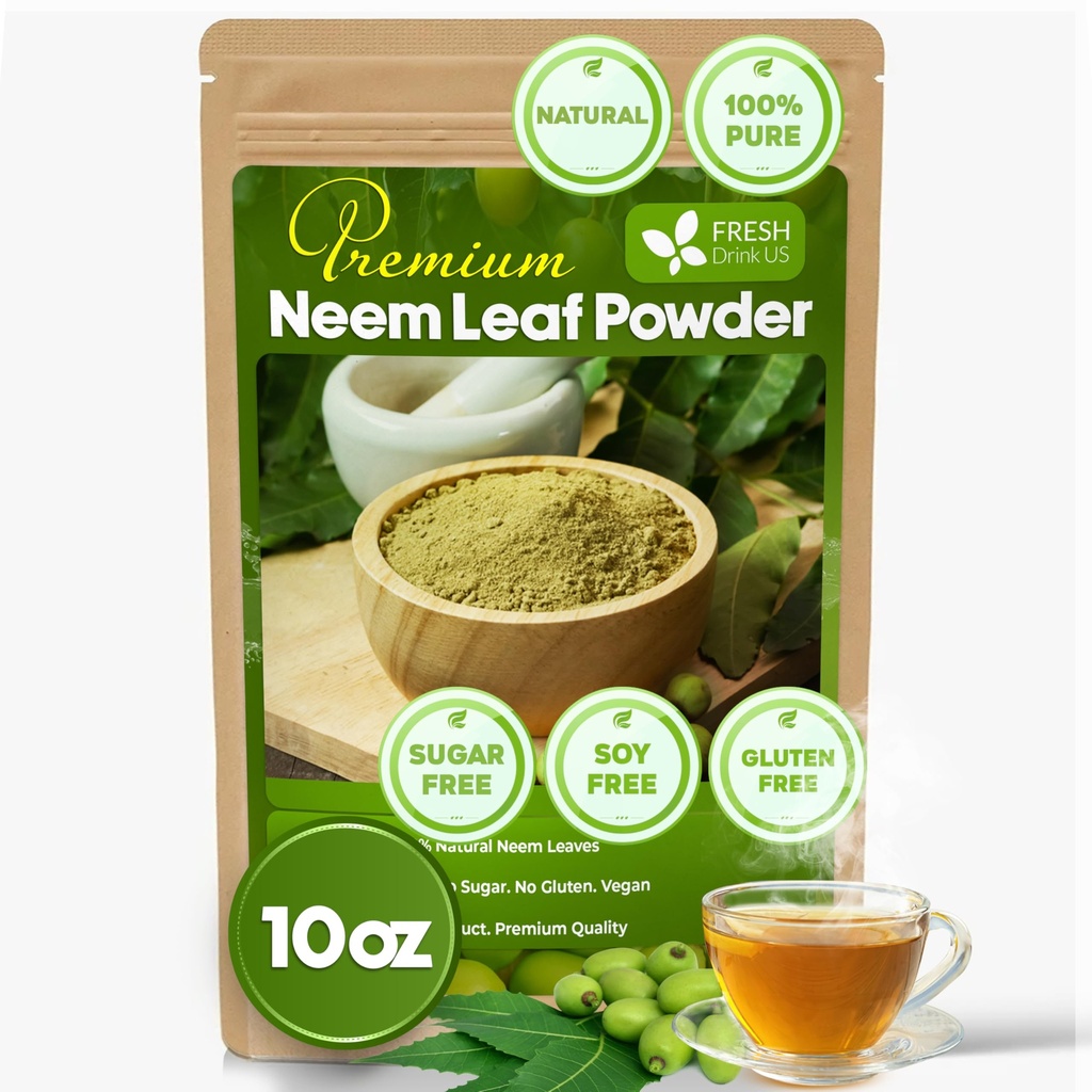 FreshDrinkUS, Premium 10oz Neem Leaf Powder, 100% Natural and Pure from Neem Leaves Dried, for Hair and Skin, No Additives, No Gluten, No Sugar, Vegan