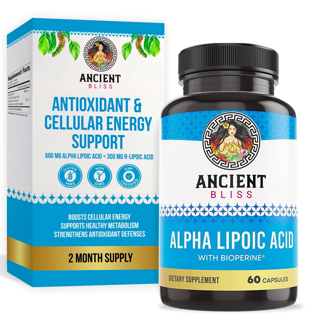 Antik Bliss Alpha Lipoic Acid Supplement, Antioksi ve Enerji Desteği, Bioperine ile ALA Supplement, No Gluten ve Soy, Servis başına 600 mg, 60 Vegan Capsules