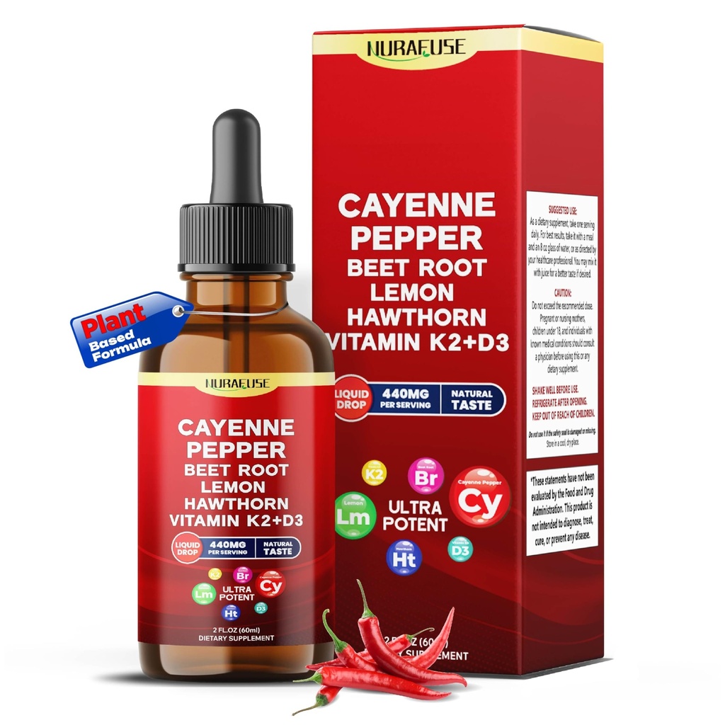 Organic Cayenne Pepper, Beet Root, Lemon, Hawthorn, Vitamin K2+D3 Liquid Drops – 1500mg per Serving, Ultra Potent – 2 FL OZ (60ml)