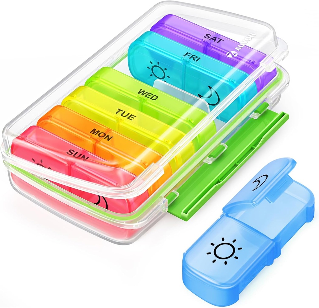 AUVON Pill Box 2 Times a Day with Moisture-Proof Design, Weekly Pill Organizer AM PM with Port Pocket Slots, Pill Case 7 Day with Dual Protection for Vitamin, Medicine, Drug, and Supplement