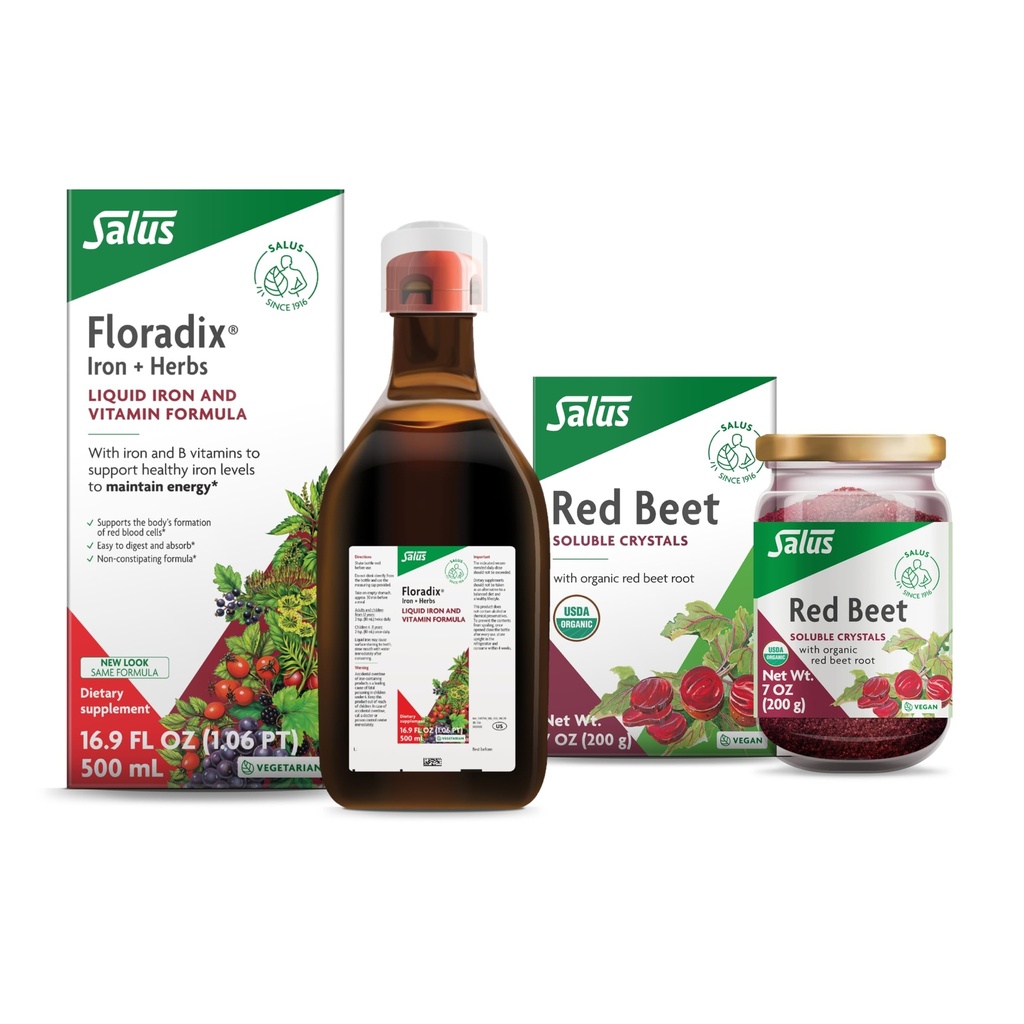 Floradix Iron & Herbs (16.9 oz) & Salus Red Arıt Kristalleri (7 oz) - Sağlıklı Enerji Desteği için Demir Supplement* & Organik Beslenme Arıt Kökleri