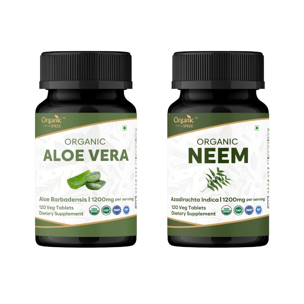 USDA Organic Neem & Aloe Vera Tablets – 120 Tabs Each (2 Pack) - Azadirachta Indica & Aloe Barbadensis