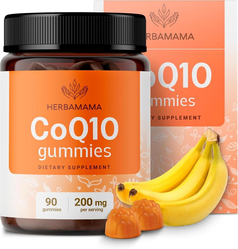 HERBAMAMA CoQ10 Gummies - 200 mg Coenzyme Q10 Antioksit Desteği için - Vegan, Non-GMO Daily Energy Support Supplement - 90 Pectin-Based Banana-Flavored Chews