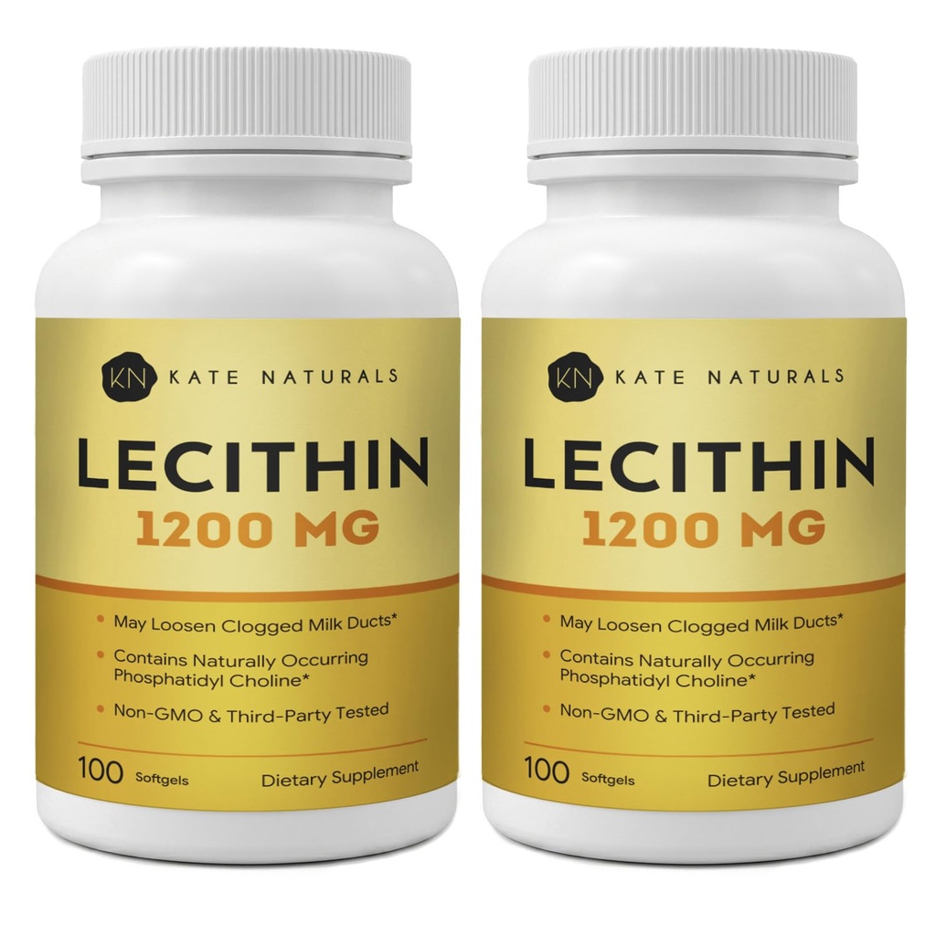 Kate Naturals Soy Lecithin 1200mg Softgels (200 Count) - Phosphatidyl Choline Supplement for Clogged Milk Ducts, Non-GMO, Third-Party Tested