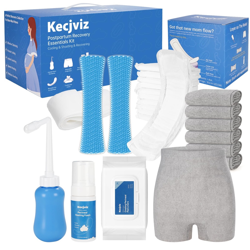 Postpartum Recovery Kit - 20 Pcs Hospital Bag Must Haves with Upside Down Peri Bottle, Disposable Underwear, Maternity Pads, Witch Hazel Foam & Reusable Cold Pad