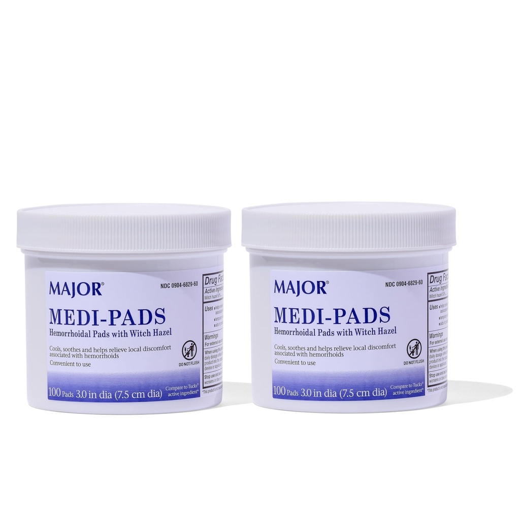 MAJOR Medi-Pads - Hemorrhoidal Hygienic Cleansing Witch Hazel Pads - Cooling Relief with Aloe - 100 Count Jar (2 Pack)