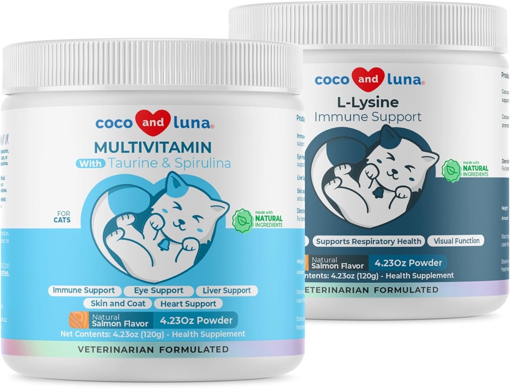 Lysine + Multivitamin for Cats - Immune Support, Skin and Coat Health, Eye Support - with EPA and DHA, Taurine and Spirulina