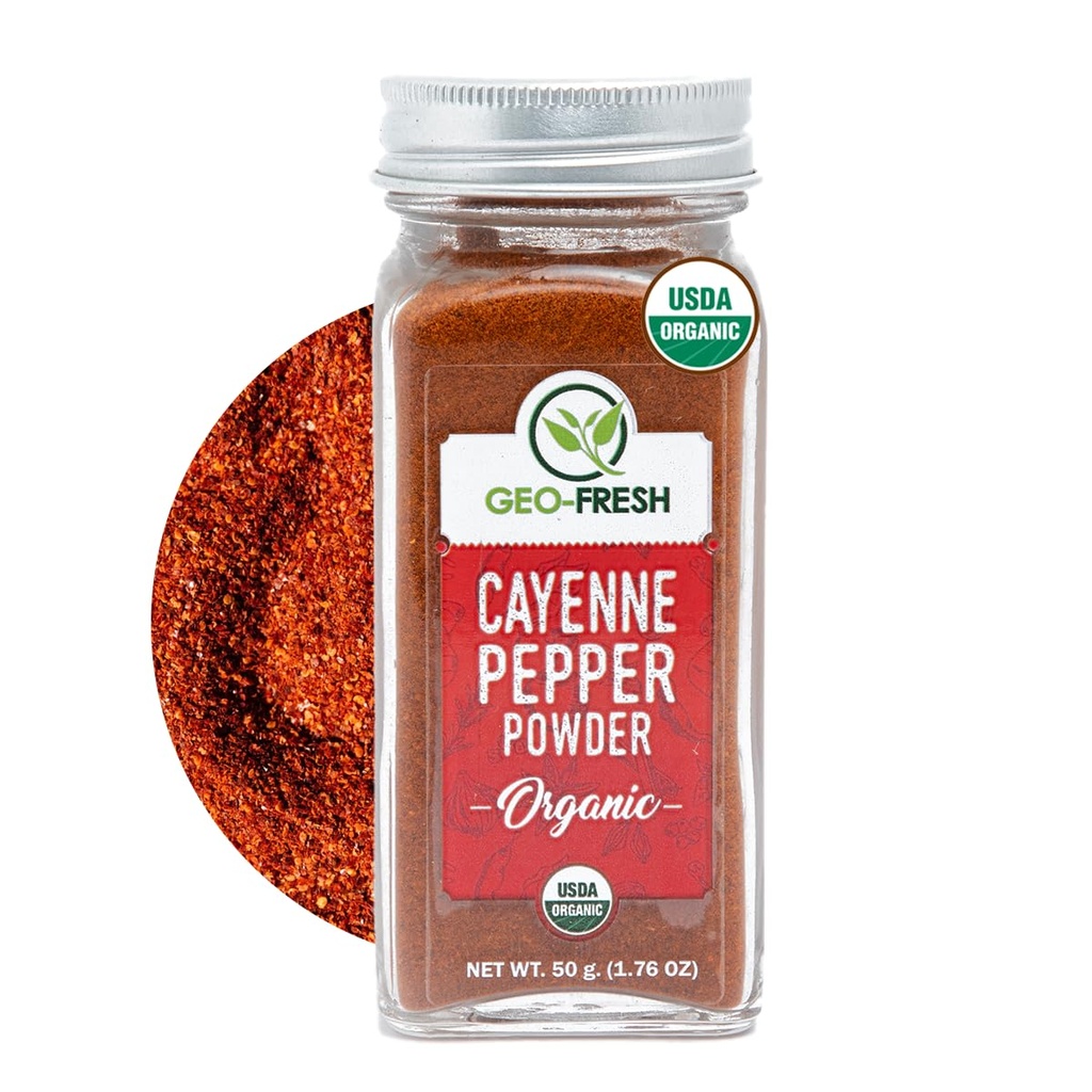 Geo-Fresh Organic Cayenne Pepper Powder, 1.76 oz (50g) – Spicy & Aromatic Cayenne Chili Powder Organic – Pure Ground Red Pepper Powder – USDA Certified Organic – Non-GMO – Kosher – Gluten-Free – Product of India
