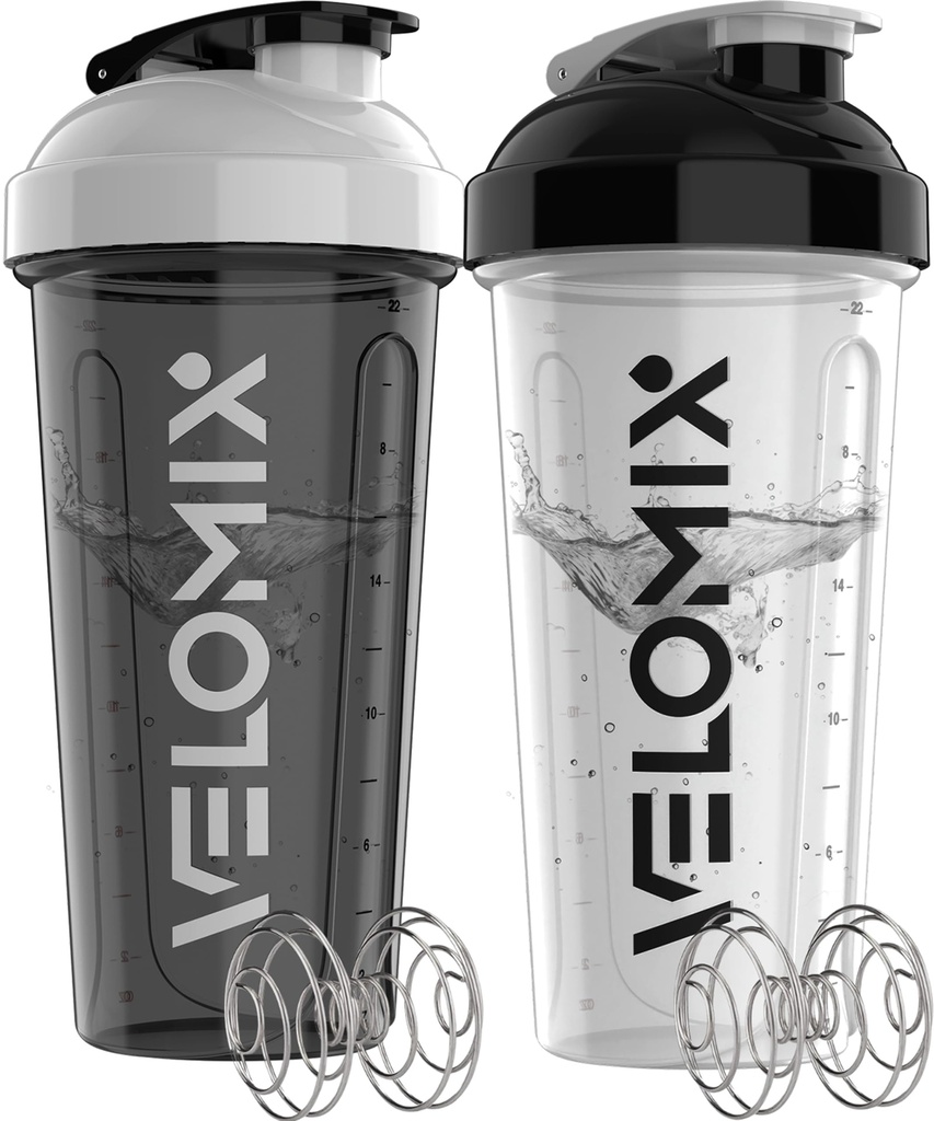 VELOMIX 2 Pack 28oz Protein Shaker Bottle for Protein Mixes, Black/White