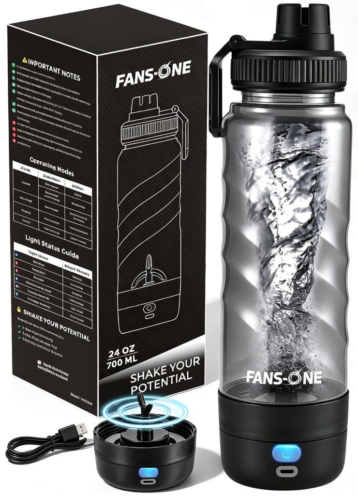 FANS-ONE Electric Protein Shaker Bottle, 24 oz Shaker Cups-No Clumps, Black