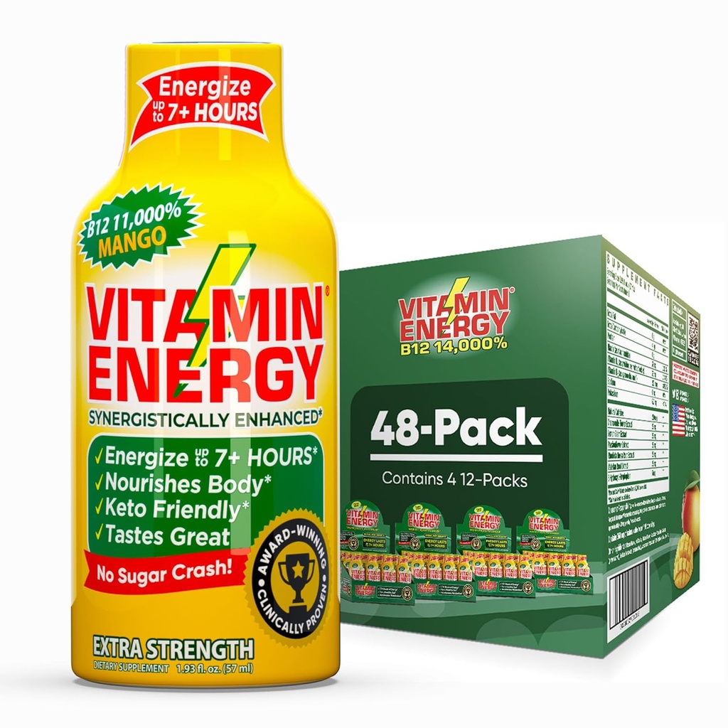 Enerji B12 11,000 Ekstra Kuvvetli Enerji Shot Mango 48 Paketi, 260 mg Natural Caffeine, B12 & B6, Nootropic Focus, Vitality, Zero Sugar, Gluten-Free, Vegan, Kosher, 1.93 fl ozzz