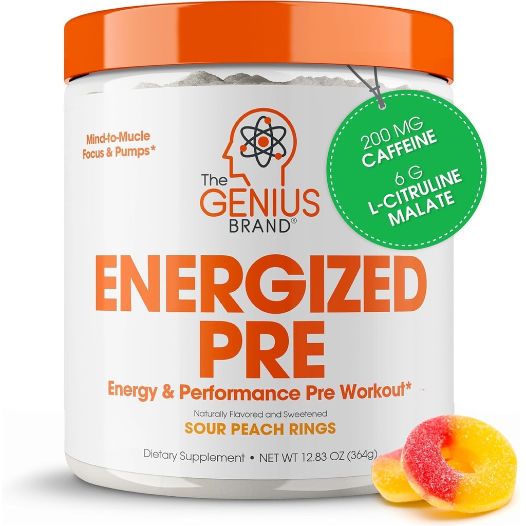 Genius Energized Pre Workout Toz – Caffeine Infüzyon Pre-Workout ATM Supplement with Beta Alanine & Alpha GPC, No Yapay Sweeteners or Dyes - 200 mg Caffeine, 20 Hizmet, Sour Peach Ring