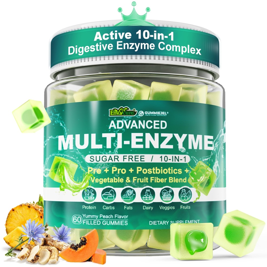 Kadınlar ve Erkekler için Enzymes Gummies, 90Billion CFU Probiyotik ve Prebiyotiks & Postbiyotik, Sebze & Meyve Fiber Mix, Super Enzymes for Digestive & Gut Health,Immune,60Cts