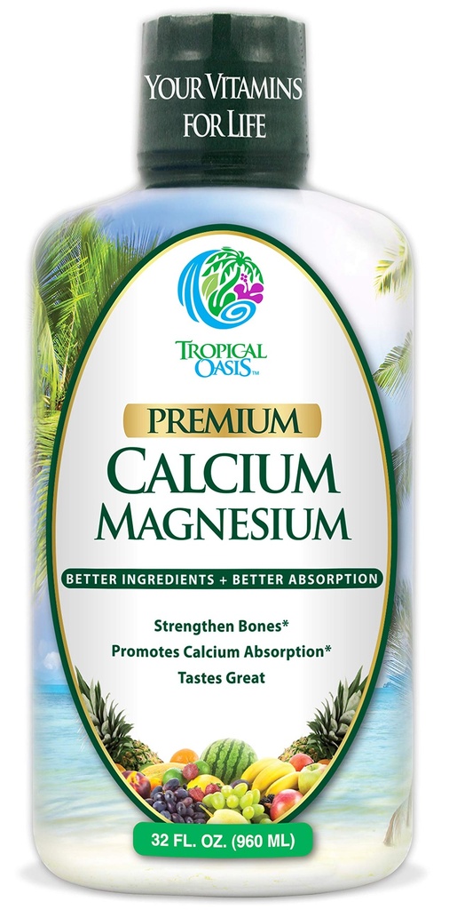 Tropikal Oasis Sıvı Kalsiyum Magnezyum - Güçlü Kemikler için Doğal Formül w / Destek - Sıvı Vitaminler w/Calcium, Magnezyum & Vitamin D - Vücut tarafından %96 Apsiyona kadar. - 32oz, 64 Serv.