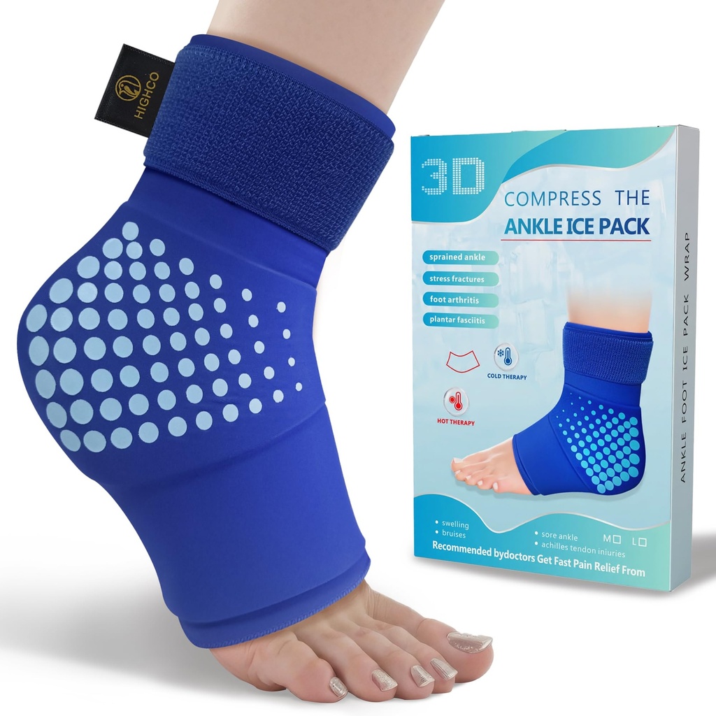 highco Ankle Ice Pack Wrap, Reusable Gel Hot and Cold Compression Therapy for Foot and Heel Pain Relief, Ankle Brace for Achilles Tendonitis, Plantar Fasciitis and Sprains (M)