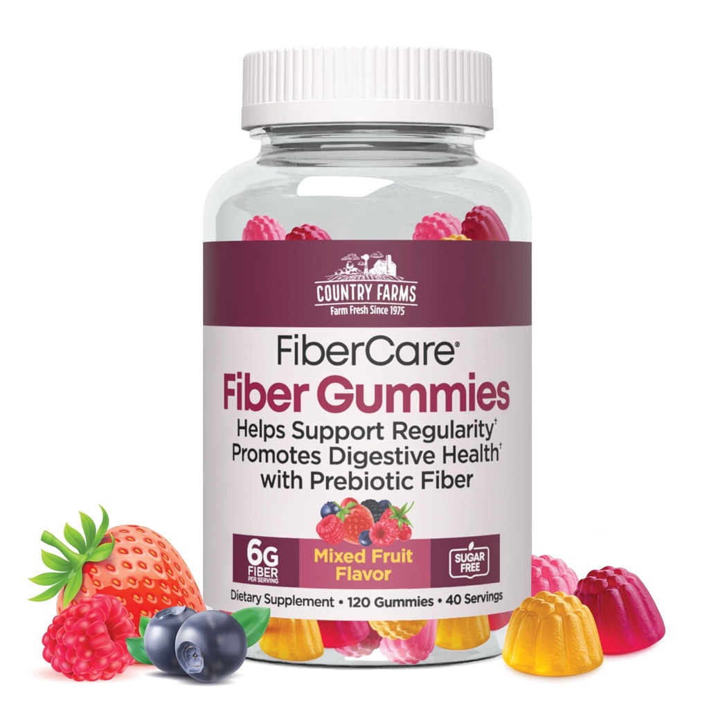 Country Farms Fiber Care Prebiotic Gummies, 6g of Fiber Per Serving, GLP-1 Booster, FOS from Beets, Digestive Health and Bloat, Supports Regularity, Mixed Fruit Flavor, 120 Gummies, 40 Servings