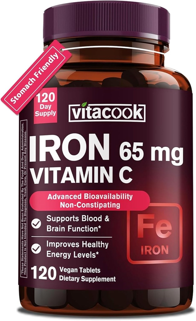 Kadınlar için Demir Supplement, Yüksek Potency Iron 65mg, C 250 mg, Stomach Friendly Iron Pills for Red Blood Cell & Immune Support, Non-GMO & Gluten Free,120 Vegan Tabletler