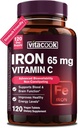 Kadınlar için Demir Supplement, Yüksek Potency Iron 65mg, C 250 mg, Stomach Friendly Iron Pills for Red Blood Cell & Immune Support, Non-GMO & Gluten Free,120 Vegan Tabletler