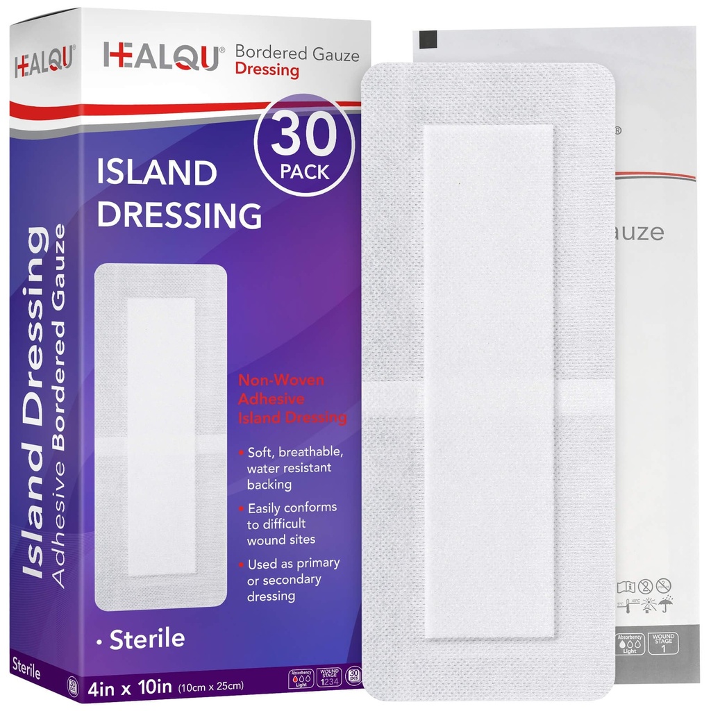 HEALQU Island Dressing - 4"x10", 30 Count - Bordered Gauze Sterile Individually Wrapped Gauze Pads, Water-Resistant, Non-Woven Backing - Soft and Breathable Wound Dressing for First Aid and Medical