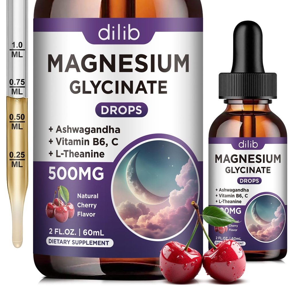 Magnezyum Glycinate Liquid Drops 500 mg, Vitamin B6, Ashwagandha, L - Theanine, Chamomile, Magnezyum Glycinate Supplement High Abxia for Sleep, Stress, Energy, Mood - Cherry Flavor