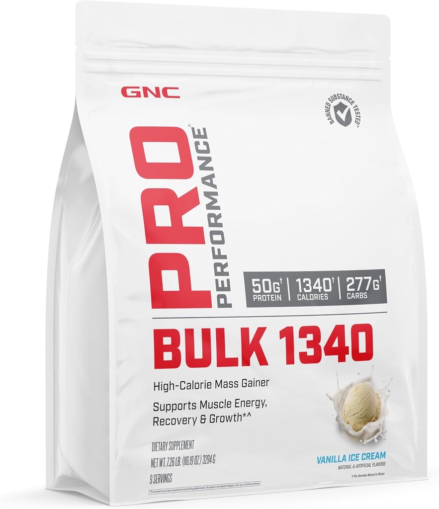 GNC Pro Performance Bulk 1340 Mass Winer Protein Toz, 50g, Gluten Free, Whey, Kretine, BCAA, 3rd Parti Test Edildi, Kas Kurtarma ve Büyüme, Micronutrients, Vanilla Ice Cream, 9 Hizmetler