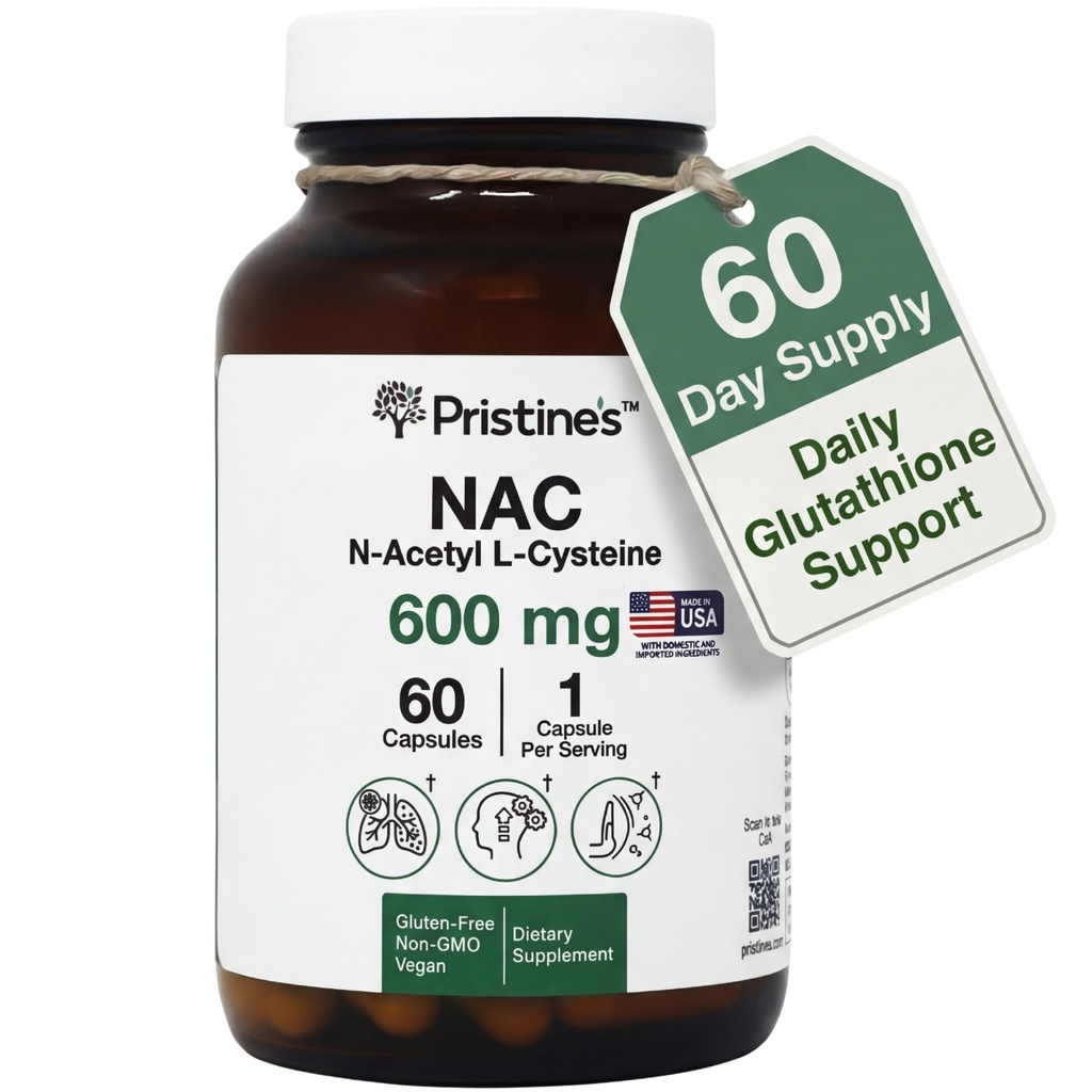 PRISTINE'S N-Acetyl L-Cysteine (NAC) 600MG 60 Günlük Supply Supplement Capsules - Glutathione & Liver Detox Desteği - Potent Antioksi - Vegan, Gluten Free, Non GMO Glass Şişe Şişe Şişe