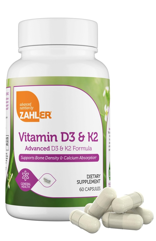Zahler Vitamin D3 5000 IU K2 - Gelişmiş Vitamin D3 K2 Formula - Kemik Yoğunluğu ve Gıda Apsiyon - Kosher Vegetarian MK7 Vitamin K2 D3 Vitamin D3 K2 (60 Capsules)