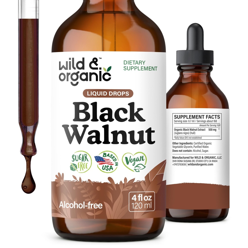 Wild & Organic Black Walnut Tincture - Detox Cleanse w/Black Walnut Hull Extract - Herbal Supplement for Gut Cleanse Detox and Digestive Well-Being - Vegan, Sugar & Alkol-Free - 4 fl ozzz