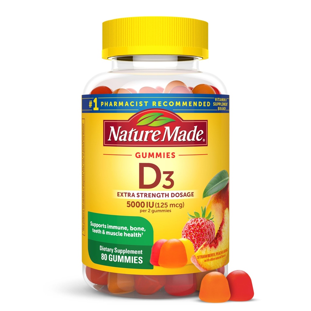 Nature Made Vitamin D3 5000 IU Per Care Gummies Extra Strength, Bone and Immune Health Support, 80 Vitamin D Gummies for Yetişkinler, 40 Day Supply